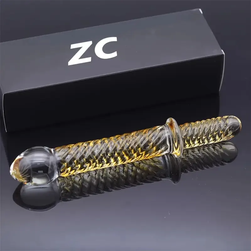 Golden Pattern Glass Dildo Handheld Anal Plug Sex Toy For Men