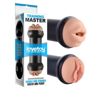 Masturbator dublu LOVETOY Double Side Stroker. simulare vaginală și orală realistă. lungime 22 cm. negru